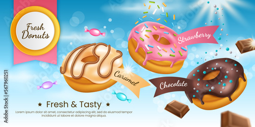 Donut bakery, doughnut ad banner. Chocolate, caramel and strawberry candy desserts, pastry, snacks products various flavors promotion. 3d isolated elements. Vector realistic advertising concept