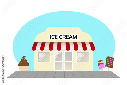 Ice cream parlor building with signboard and awning.
