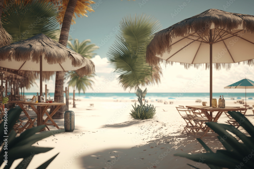 Beach scene with palm trees and umbrellas. Generative AI
