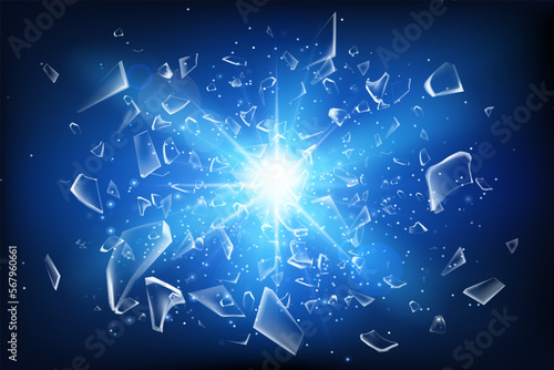 Blue light. Broken glass shatter. 3D explode fragments or shards. Energetic flash. Futuristic shine. Explosion debris. Sparkling fragile particles. Abstract background. Vector wallpaper