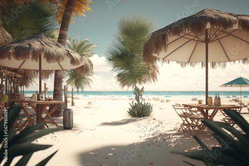 Beach scene with palm trees and umbrellas. Generative AI