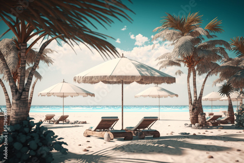 Beach scene with palm trees and umbrellas. Generative AI © wellyans