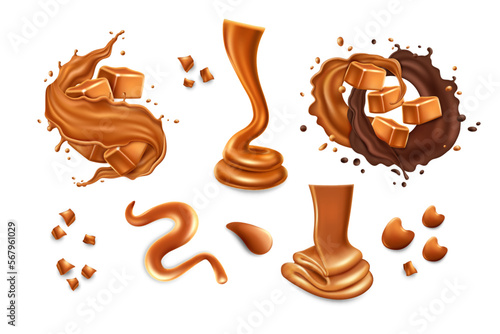 Realistic caramel, chocolate candy, toffee dessert. Sweet 3d milk splash of sauce or cream, cube icon in drip of syrup, smudges and puddle, melting liquid. Vector isolated illustration