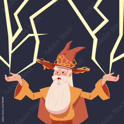 Cartoon wizard with lightning. Magic character doing magic, silver beard and cone hat, cartoon flat sorcerer portrait. Witchcraft mascot. Old man fairy tale person vector illustration