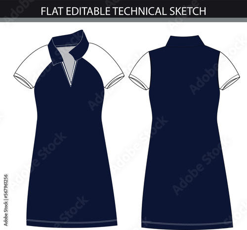 V neck Tennis Dress for Women with contrast sleeves. Vector file.