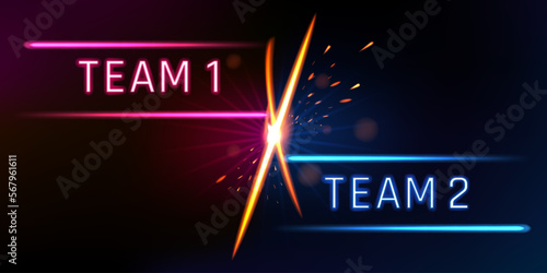Versus game battle, gamer background. Vs fight competition, esport player logo, match contest. Red and blue team neon lights, tournament or championship banner template vector screen concept