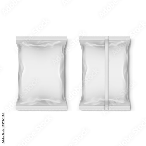 Realistic pouch. Bag pack. Plastic snack or candy packet. Full foil package mockup. Blank sugar food container. Product sachet. Isolated biscuit wrap. Vector 3D packaging design template