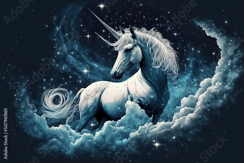 Fantastic starry sky with fluffy clouds and a magical unicorn. Generative AI