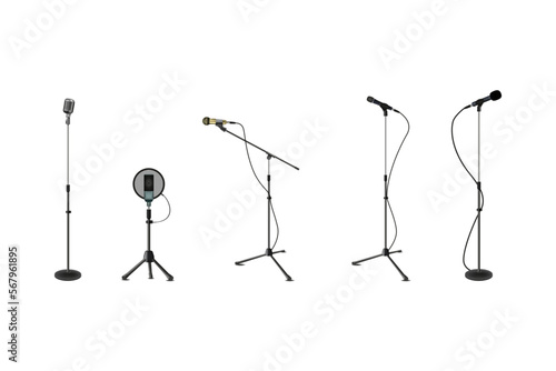 Realistic professional microphones, studio mic. Handle wire, karaoke music, metal for speech or concert. Sound broadcasting, singer equipment. 3D isolated elements, different types. Vector set
