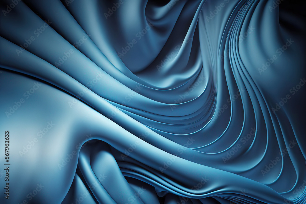 Obraz premium Elegant fabrics with a blue satin design motif and a single wave of blowing fabric. Generative AI