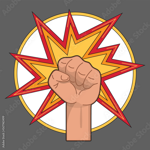 An emblem or icon depicting a clenched beating fist in a round frame. Vector illustration