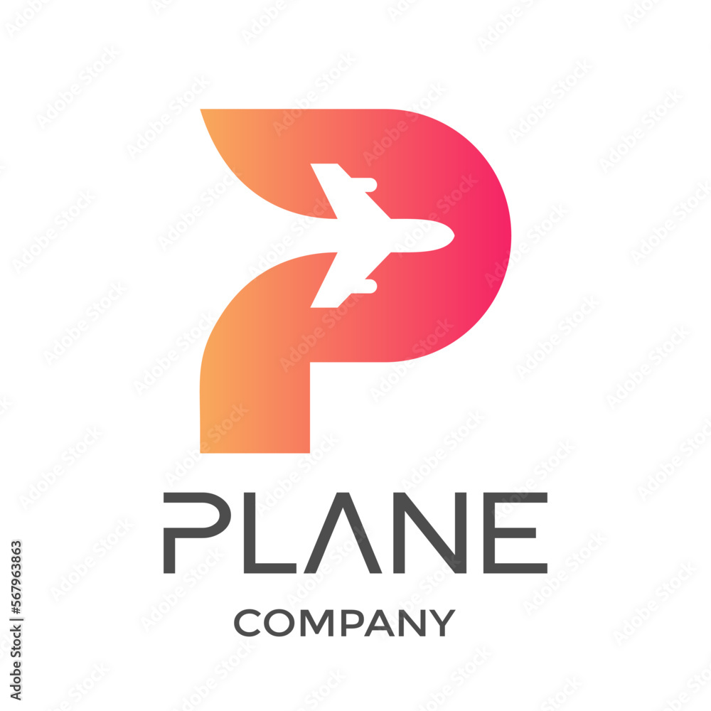 Letter P with plane vector logo. This design is modern and suitable for travel and transportation.