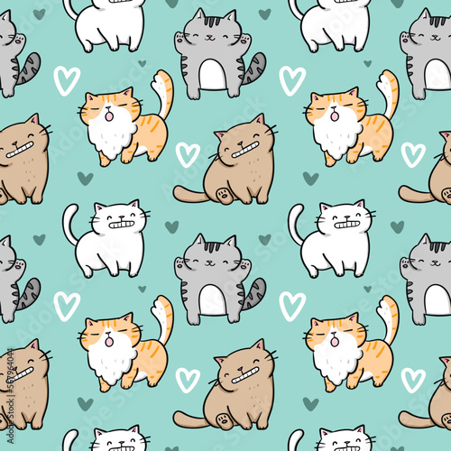 Seamless Pattern with Cartoon Cat Characters on Green Background