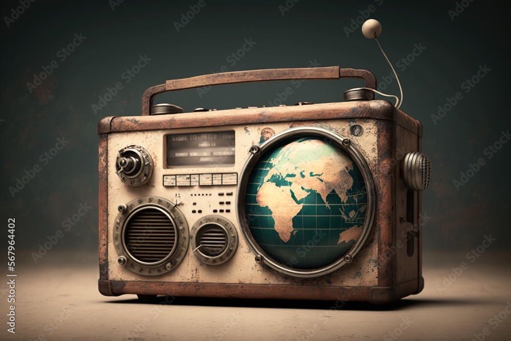 Vintage radio with planet earth. World radio day theme concept.  Illustration Stock | Adobe Stock