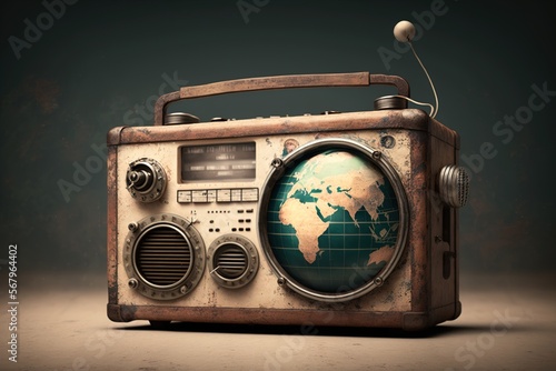 Vintage radio with planet earth. World radio day theme concept.