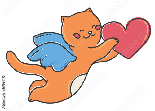 Orange cat cupid holding a heart. Angel cat. Valentine's day card. Vector illustration in a flat style.