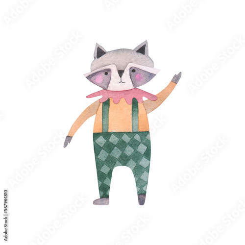 Circus racoon watercolor illustration. Hand drawn isolated on white background. Template for your design  Birthday cards  postcards  children s room.