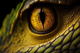 a scary close up of a dinosaur's yellow eye. The eyes of the dinosaur hunters are a dreadful shade of yellow. a dinosaur's eye. Generative AI