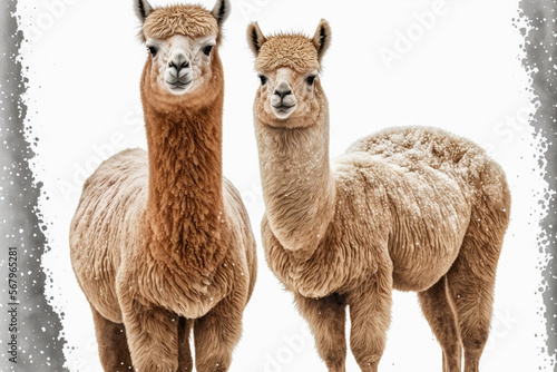 Two beautiful alpacas in the winter. camelid from South America. Generative AI