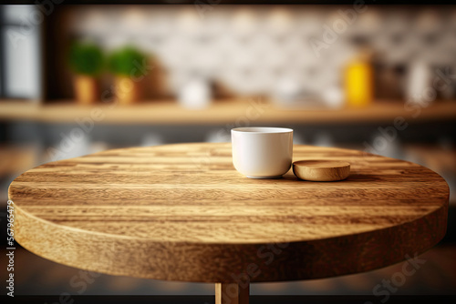 Wood table with blank copy space for a mockup of a product display in a modern restaurant or coffee shop's fuzzy background. Concept for a restaurant counter's interior design. Generative AI