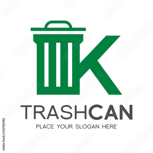 Letter K trash can vector logo template. This design use green color and nature theme. Suitable for recycle, reduce, font and text.