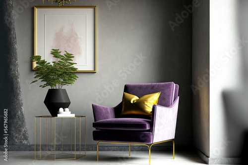 Vertical living room with mockup empty gray plaster wall stucco microcement or concrete. Very peri purple chair color. Lounge room modern design interior gallery with black concole. Generative AI photo