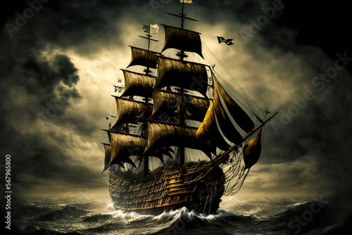 a historic black pirate ship at sea ( , ). Generative AI