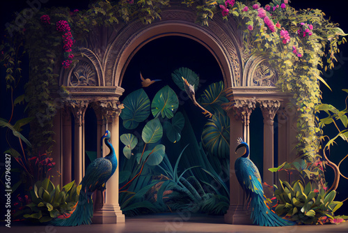 Tropical rainforest with peacocks with leaves and flowers illustrations.
