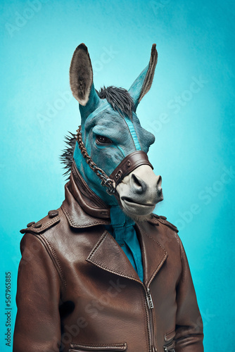 Stylish donkey as Fashion Model in Leather Jacket Generative AI Digital Illustration Part#40223