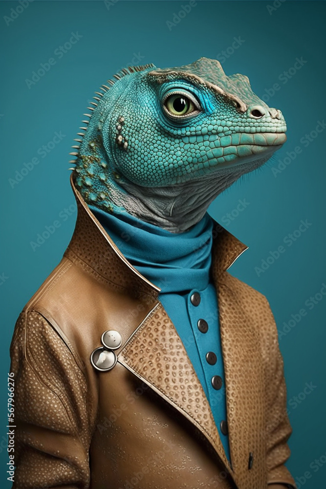 Stylish _Lizard  as Fashion Model in Leather Jacket Generative AI Digital Illustration Part#40223