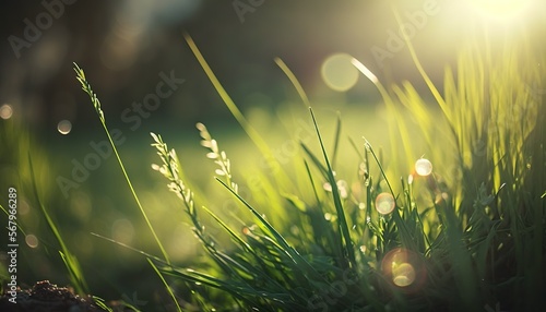 Spring juicy grass with blurry selective focus. The sun shines through the young green grass in spring in nature outdoors, macro