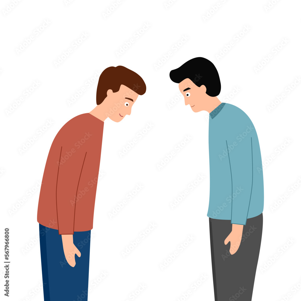 Two guys bowing head and greeting. Thankful or respect expression. Asian as Korean or Japanese polite greeting. Two guys bowing head and greeting. Thankful or respect expression. Asian as Korean or Japanese polite greeting.