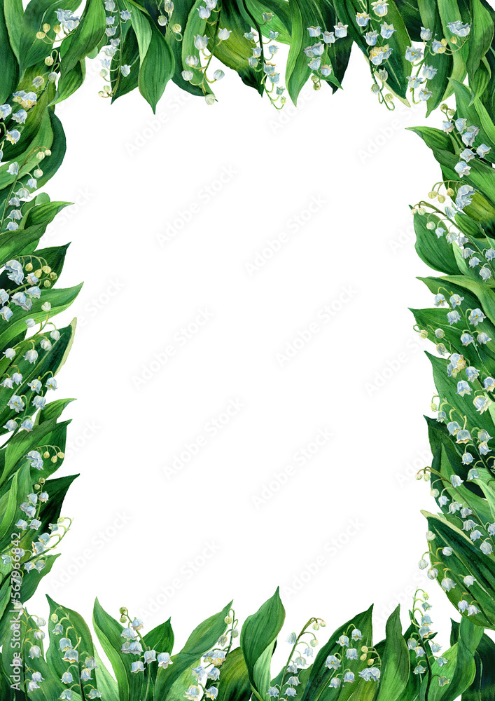 Watercolor drawn A4 frame of lily of the valley, white flowers, green leaves isolated. Botany Illustration of first spring flower in natural style. Design for invitations. Template for text, diplomas.