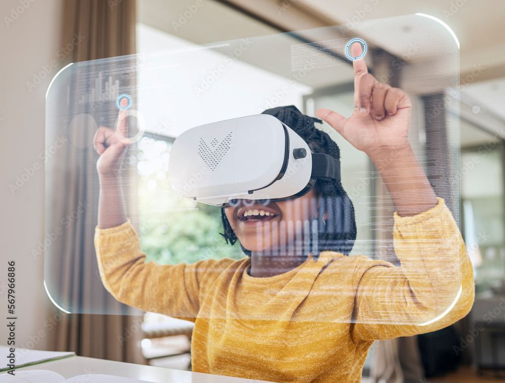 African girl child, vr and education in home with 3d overlay, hand and ...