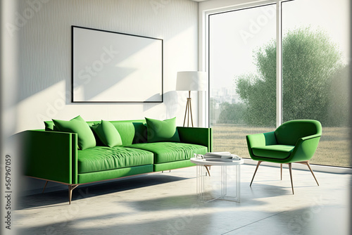 Interior of a modern, light filled living room with a green couch and two armchairs on a concrete floor, a white poster, and a panoramic window with a view of the surrounding countryside. Stylish apar photo