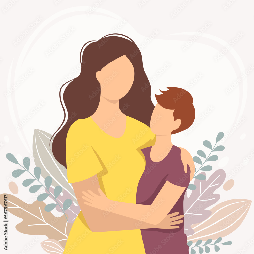 Vector illustration of a mother hugging her son. Motherhood, childhood, mother's day, happy family concept. Postcard, poster, banner, image. Vector illustration of a mother hugging her son. Motherhood, childhood, mother's day, happy family concept. Postcard, poster, banner, image.