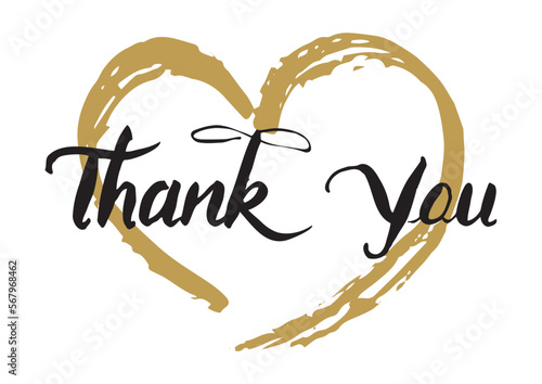 味のある手書きのカリグラフィー、Thank you、金の大きなハートあり