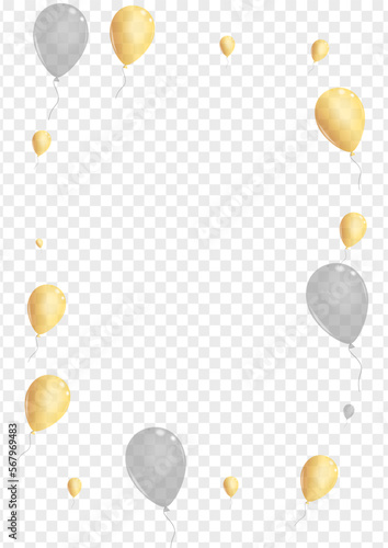 Silver Baloon Background Transparent Vector. Helium Graphic Banner. Yellow Celebrate Ballon. Toy Ribbon Illustration.