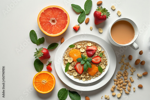 Muesli, strawberry salad, fresh fruit, orange juice, and nuts for breakfast against a white background. concept of healthy food. top perspective and a flat lay. Generative AI