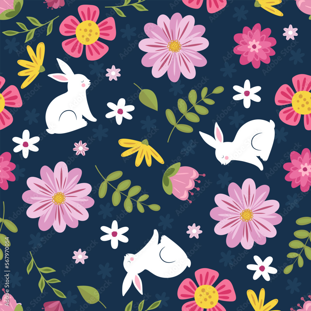 Cute seamless pattern with white bunny and beautiful flowers