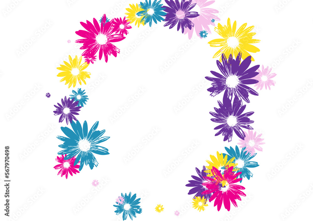 Purple Daisy Background White Vector. Chamomile Floral Design. Blue Plant Art. Exotic Textile. Hand Drawn Colorful Floral.