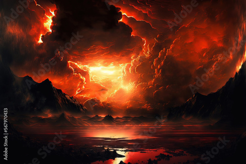 Fantastic fantasy style mystical horror background from a different planet in the paranormal world. ominous demonic clouds, a dramatic crimson, black, and orange sky, and dreadful shadows and light