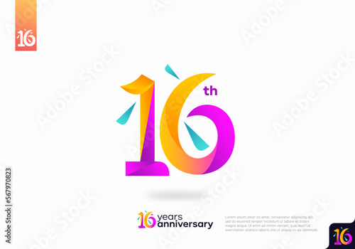 Number 16 logo icon design, 16th birthday logo number, 16th anniversary.