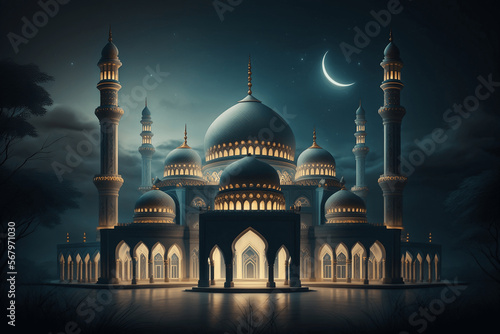 Modern Architecture of Islamic Mosque at night. Ramadan, Eid Mubarak concept. Generative AI.