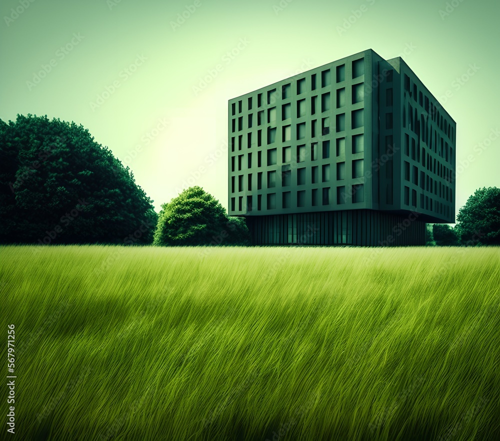 Building Surrounded by Grass, Generative AI Illustration