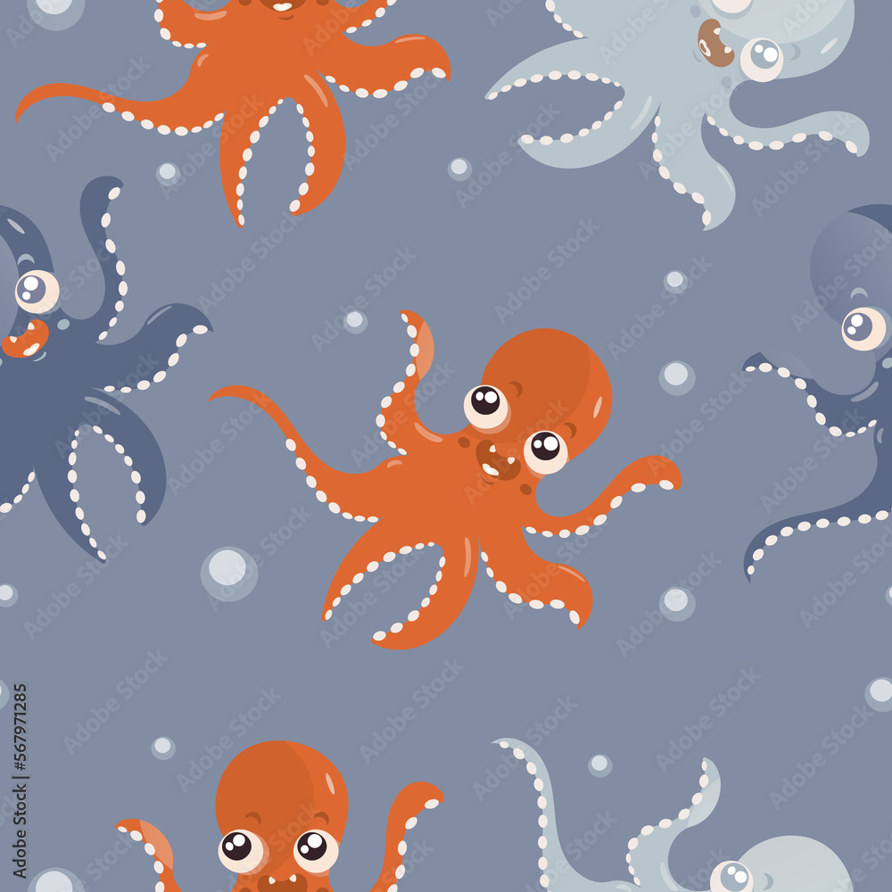 The octopus for the fabric is hand-drawn. Beautiful underwater pattern for fabric. Stock illustration. The octopus for the fabric is hand-drawn. Beautiful underwater pattern for fabric. Stock illustration.