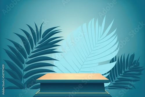 Background blue scene with podium and minimal blue pastel wall scene, minimal blue wood podium, and palm leaf on wood table. Generative AI © 2rogan
