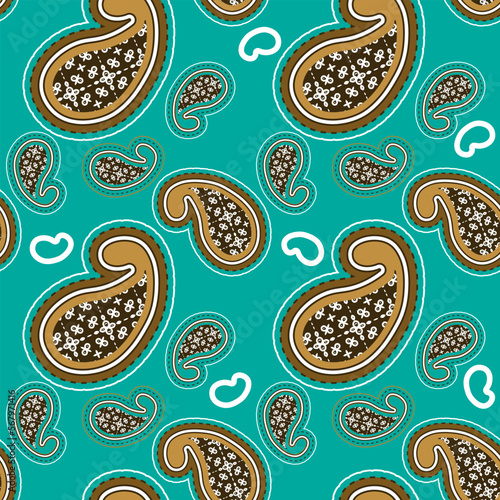 Seamless pattern with decorative ornamented elements. Brown stylized cucumbers and white shapes on a green background. Vector illustration