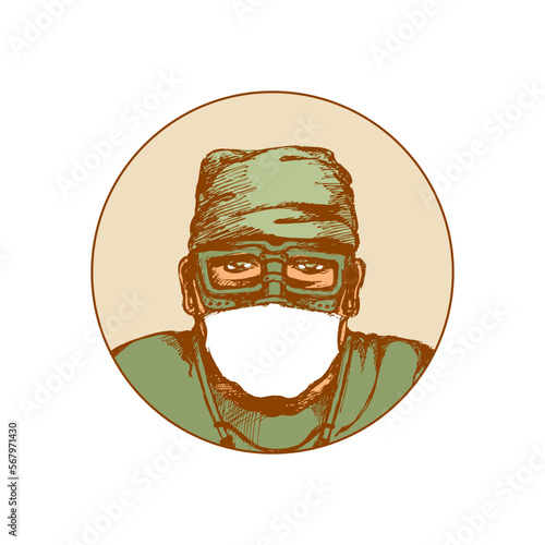 The doctor in glasses and a mask. Round icon, emblem, icon, symbol. Vector illustration