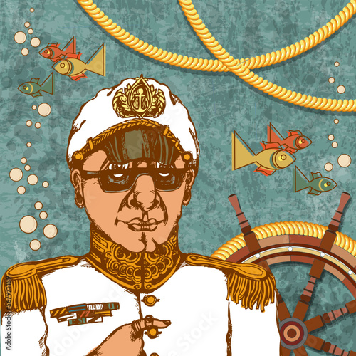 The naval admiral is standing on the captain’s bridge in uniform against the background of a ship steering wheel, ropes, fish and a textured surface. Vector illustration